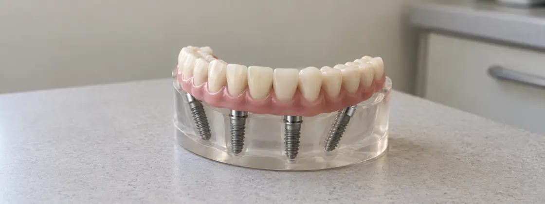 AI-generated educational model of a full-arch dental bridge supported by four titanium implants