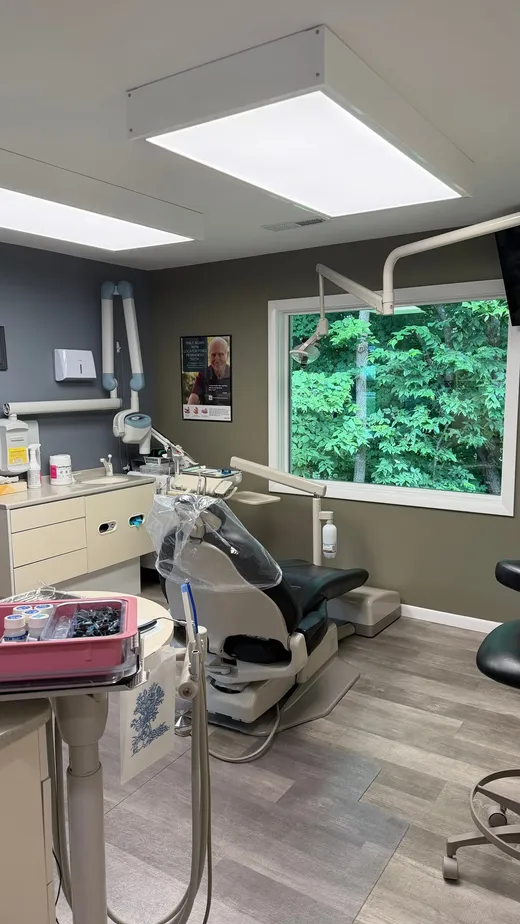 Treatment room with patient chair, overhead surgical light, and a large window onto greenery