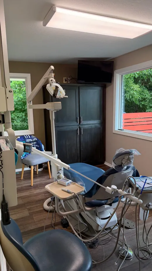 Treatment room with a blue patient chair, overhead light, and woodland views out the windows