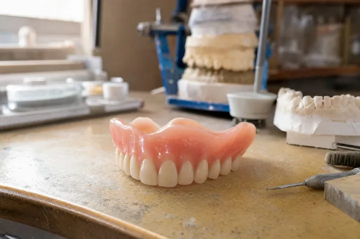 A full upper denture resting on a polished wooden stand in soft morning light