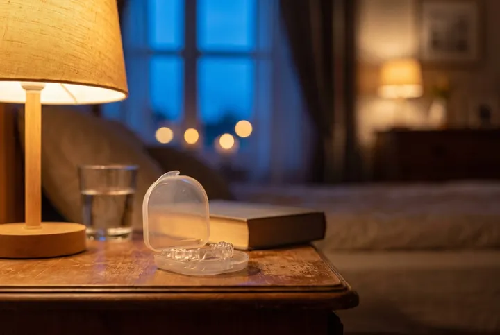 A custom night guard in its open case on a bedside table beside a warm lamp