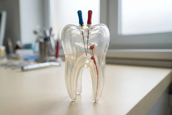 A dental microscope arm curving over a tidy, empty treatment chair by a bright window