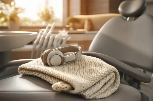 A cozy knit blanket and headphones resting on the arm of a dental chair in dim warm light